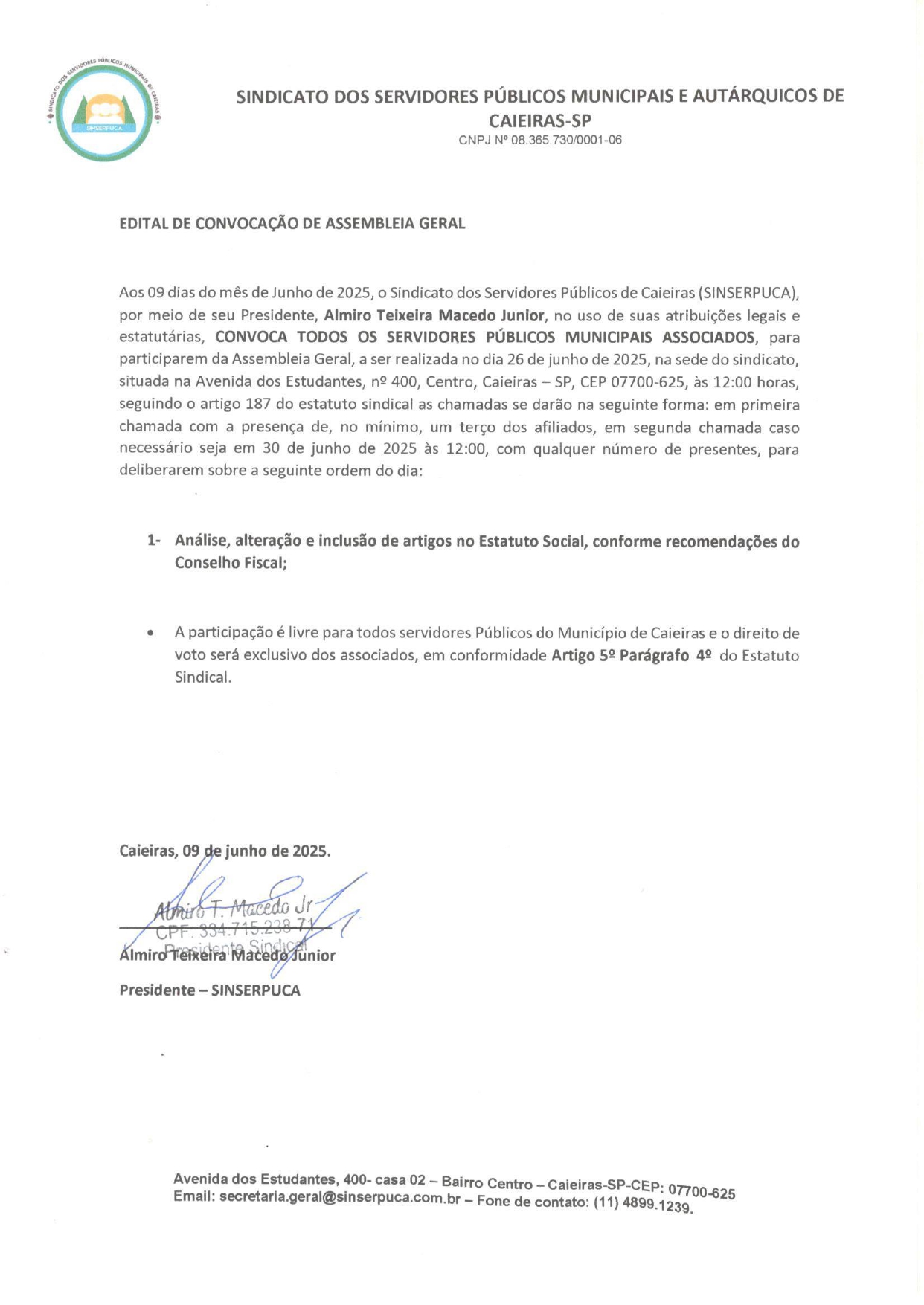 EDITAL DE CONVOCAÇÃO DE ASSEMBLEIA GERAL