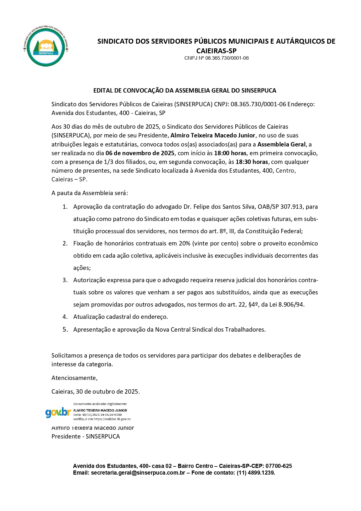 EDITAL DE CONVOCAÇÃO DA ASSEMBLEIA GERAL DO SINSERPUCA
